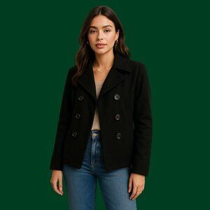 Chic Celebrity Pink Black Wool Blend Peacoat - Size L